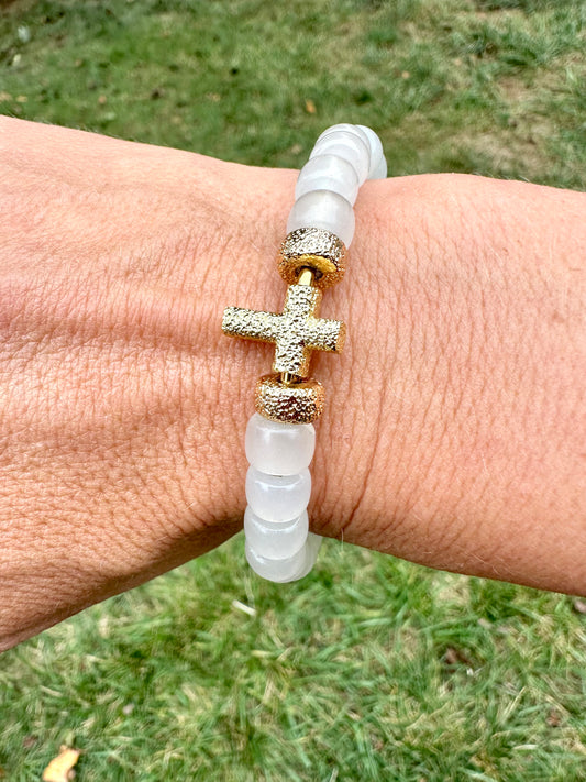 Opalite Cross Gold Cuff Bracelet