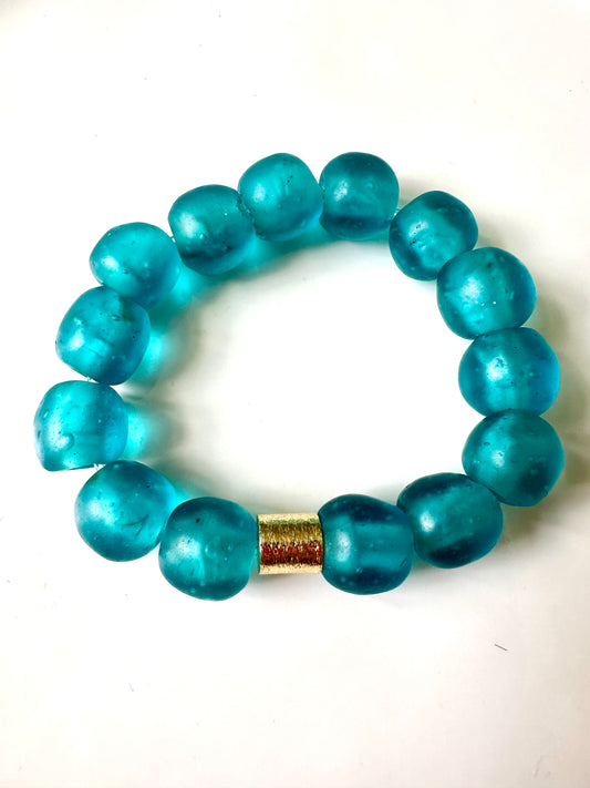 Turquoise Blue & Gold African Glass Bead Bracelet