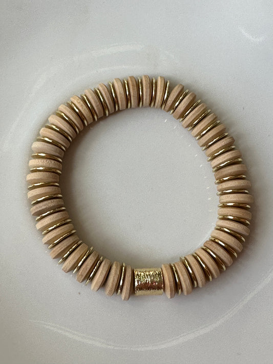 Natural Wood and 14K Gold Plated Bead Bracelet