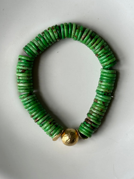 Green Button Bone and Gold Bead Bracelet