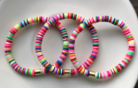Multi Color Heishi and Gold Barrel bracelet